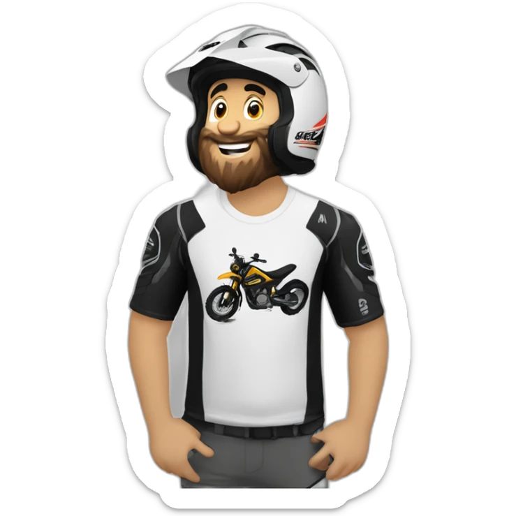 Chico medio gordo canoso blanco con barba  sobre una moto de enduro con remera negra con lobo BMS  sticker