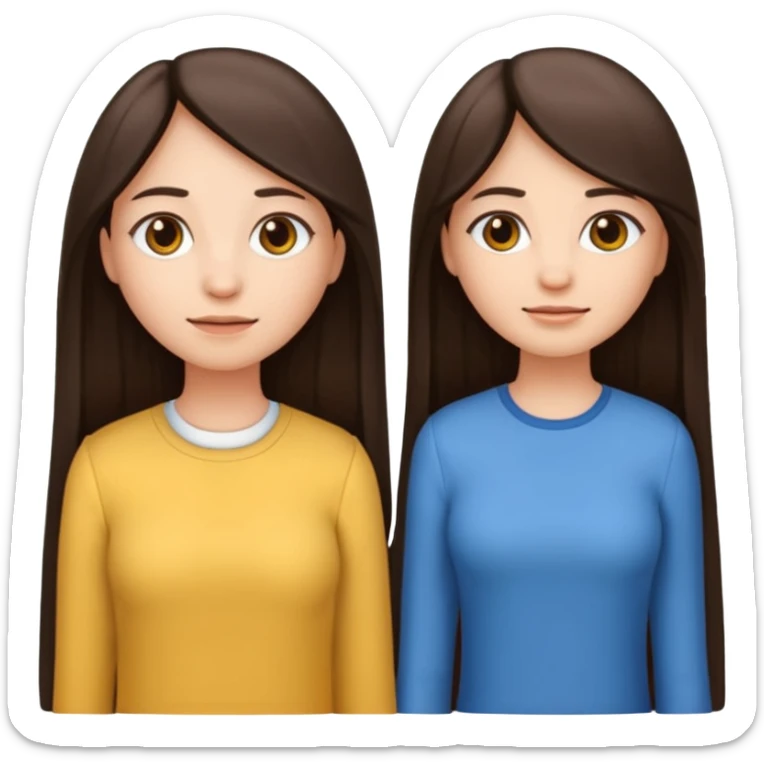 generate me emojis of sisters, one should look older, the other younger. the older one has dark brown hair, long, straight, the younger one is slightly lighter, also straight, long. clothes are any in principle, the main thing is that they more or less look like each other sticker