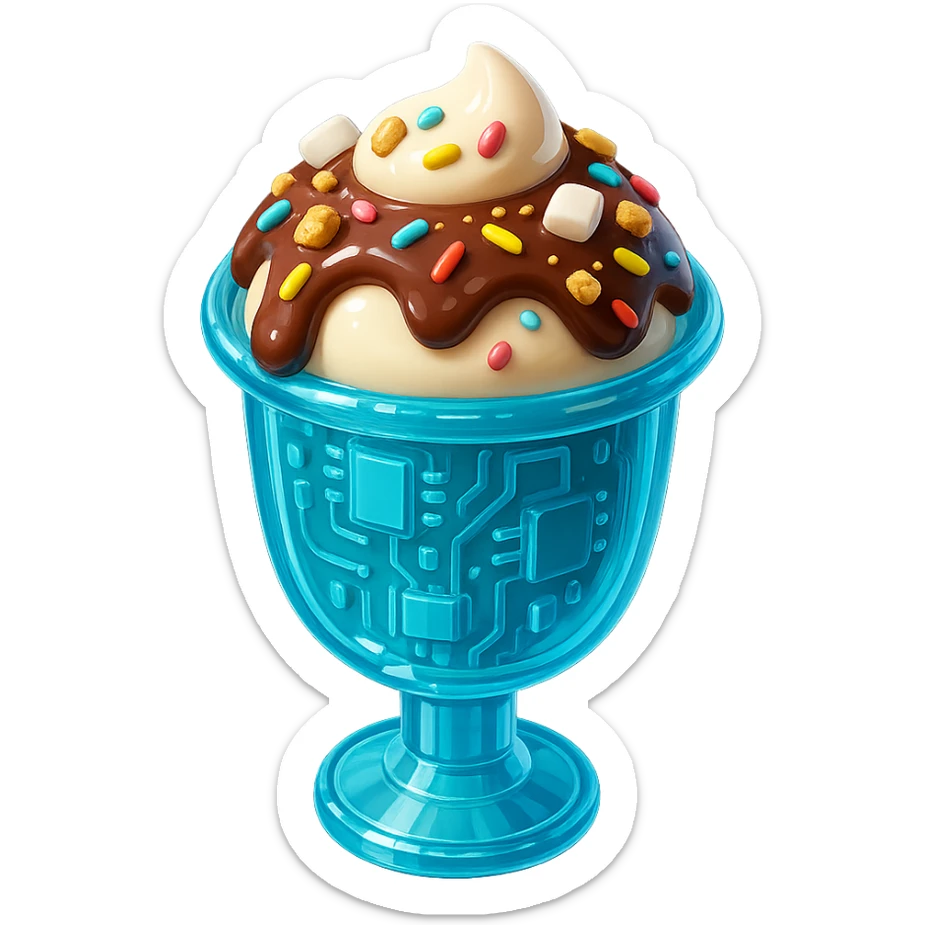 Add extra toppings: mini marshmallows, cookie crumbles, and more rainbow sprinkles to the 3D glossy ice cream sundae. Keep the tall glass, chocolate sauce drizzle, with shiny highlights. No background. sticker