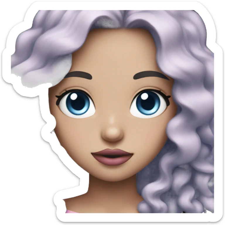 Cut girl with long wavy black and blue hair, blue eyes, pale sin, pink lips, blush. sticker