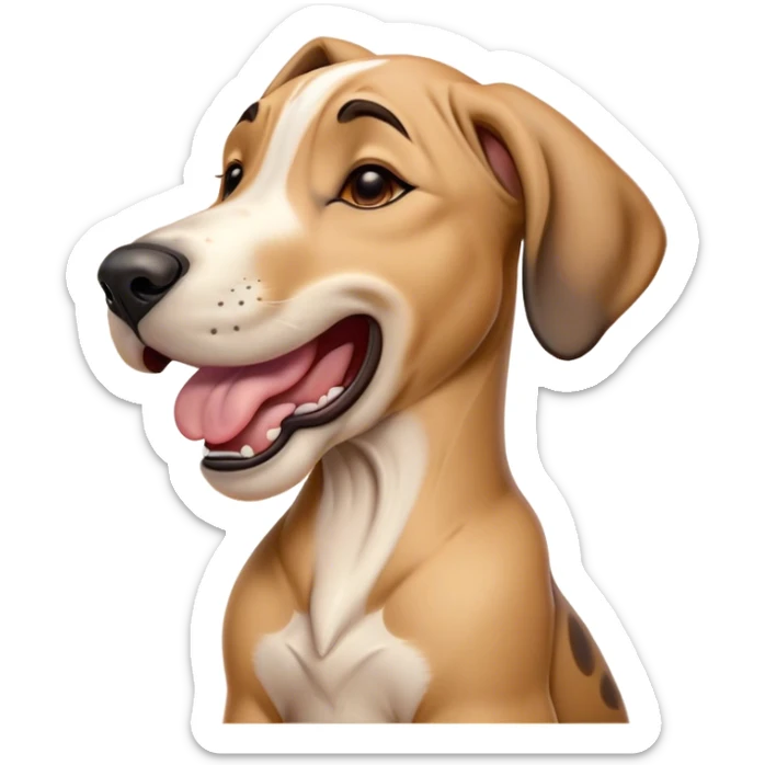 Cinematic Cute Yawning Fawn Great Dane Portrait Emoji, Head tilted slightly with a dramatic, wide-open yawn, revealing a smooth fawn Fur with a refined texture, floppy ears slightly drooping, round amber eyes barely open in drowsy contentment, Simplified yet irresistibly adorable features, highly detailed, glowing with a soft, cozy glow, high shine, relaxed yet expressive, stylized with a touch of whimsy, bright and endearing, soft glowing outline, capturing the essence of a sleepy yet affectionate guardian, so drowsy it feels like it could stretch out of the screen and curl up for a nap! sticker