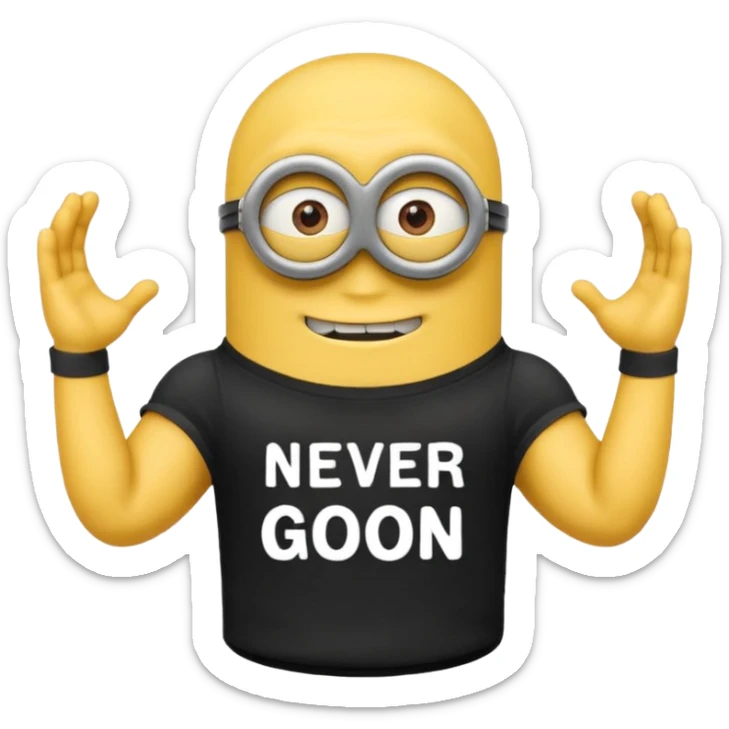 A buff minion wearing a black t shirt top with the words “never GOON” on the shirts chest area sticker