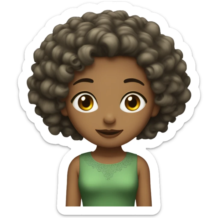 A 5'2ft girl with Features of Ghazala brow short curly hair and wear a long green dress sticker