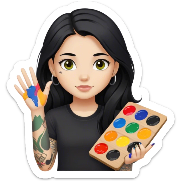 A girl with long black hair  light complexion and hazel eyes and black tattoos on right arm holding a paint palette  wearing black shirt sticker