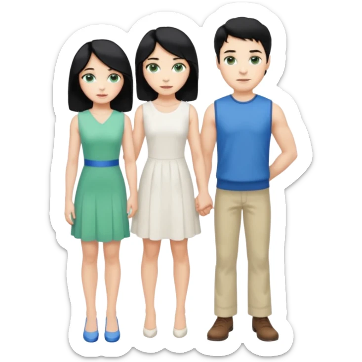 prince, standing upright, black Hair, blue eyes, garment, and woman, bending knee, sleveless white dress, blonde hair, green eyes, sticker