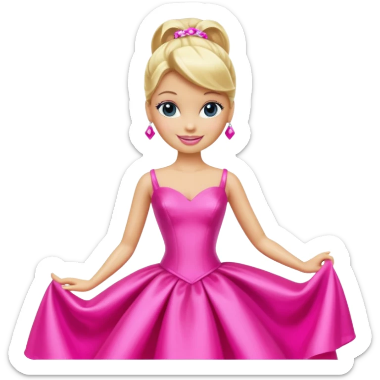 En klassisk blond modedukke med høj hestehale, iført en glamourøs hot pink aftenkjole, skinnende plastik-tekstur, smilende, ikonisk legetøjs-æstetik. sticker