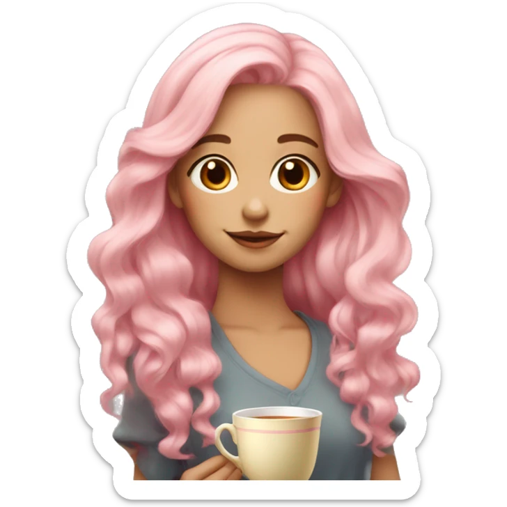 Very beautiful girl with very long with soft pink hair with a palette of colors and tea sticker