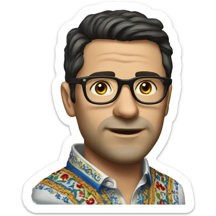 European dark-haired man in a Ukrainian embroidered shirt, glasses sticker