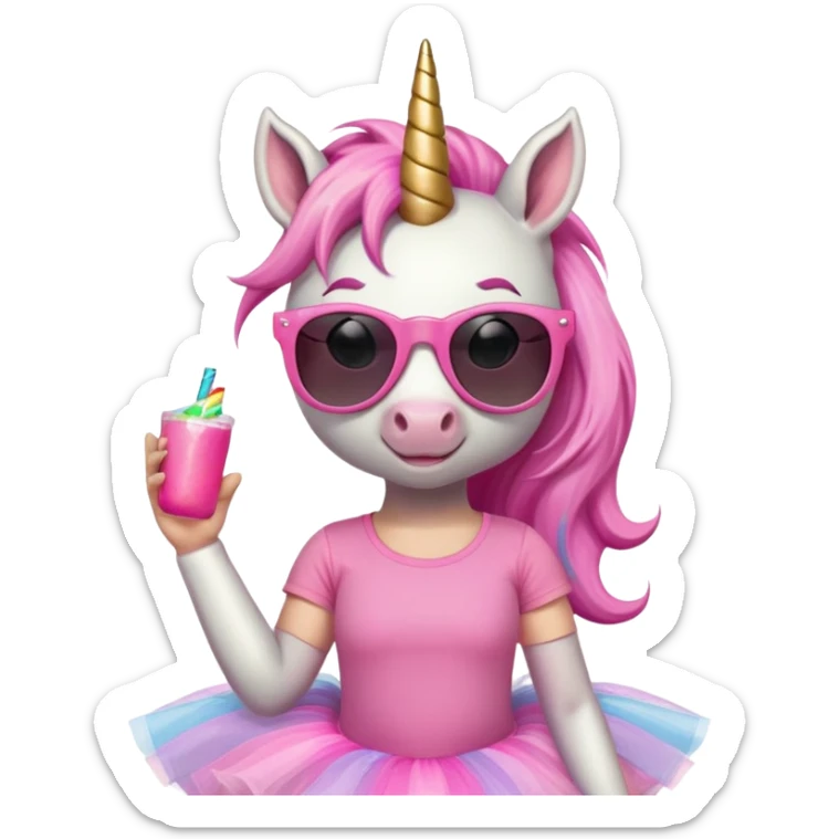 friendly anthropomorphised female unicorn with horse-like face, in tutu and pink t-shirt, wearing dark sunglasses, relaxed pose, close-crop head and shoulders sticker