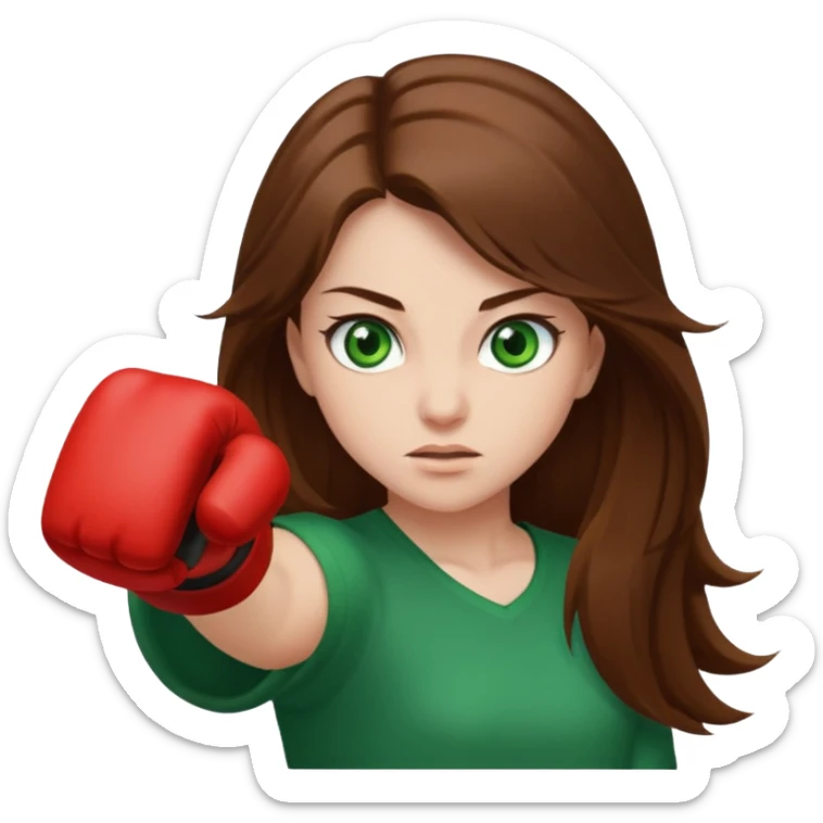 Girl emoji with green eyes and long brown hair throwing a punch  sticker