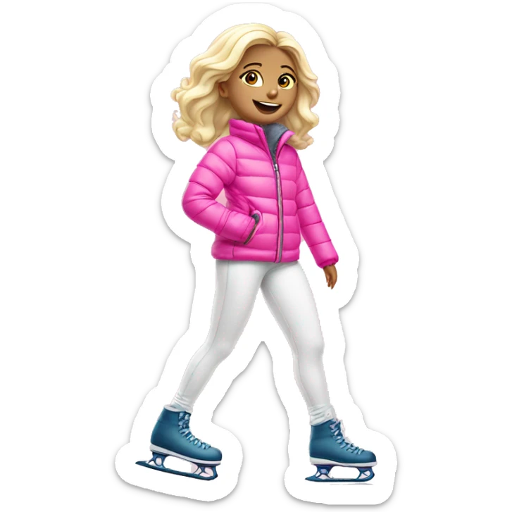 White blond girl on skates in cute pink puffer jacket and white leggings  sticker