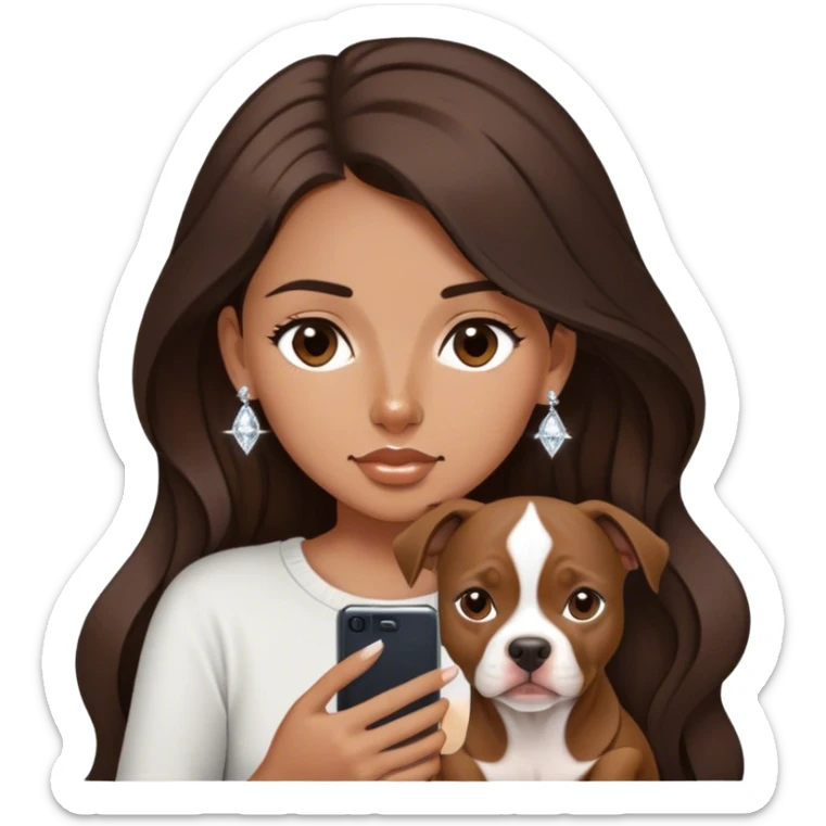 ￼ a young girl with long dark brown hair cascading down her face. It’s with her phone in her hands, sitting next to her pitbull with a small diamond nose ring in her nose. sticker