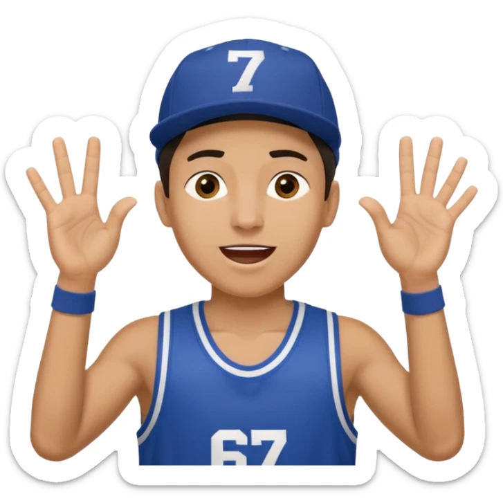 Maverick Trevillian in the crowd at an amateur basketball game. He leans towards the camera and enthusiastically shouts "six seven while performing a distinctive hand gesture: both hands open, palms facing upward, moving up and down as if weighing two options. sticker