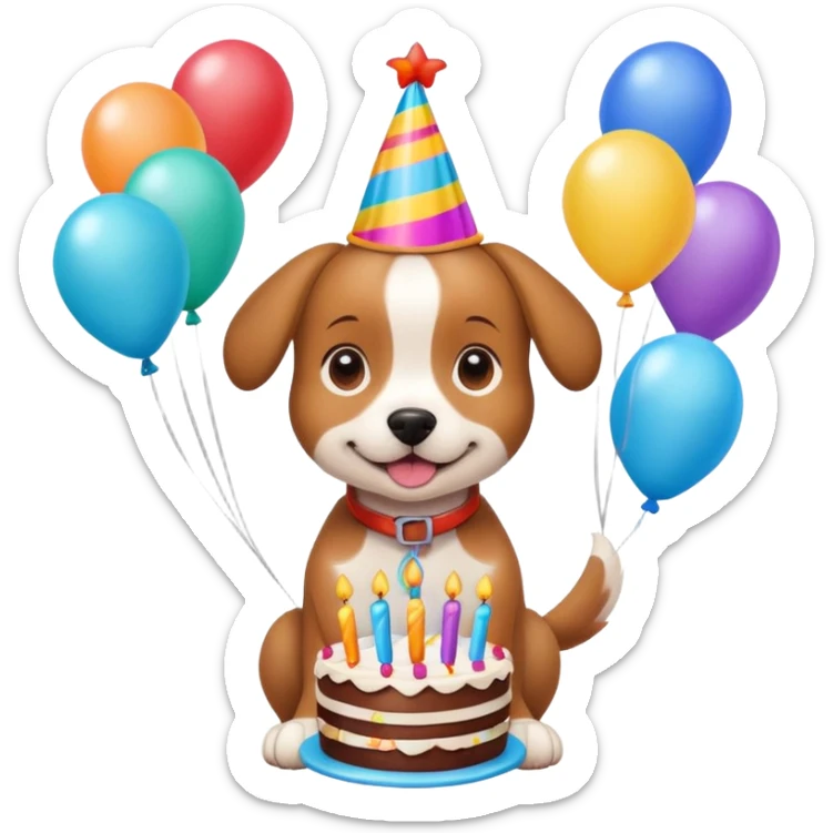 cute dog named Saffie wearing a birthday hat, surrounded by balloons and a cake, cheerful birthday celebration sticker