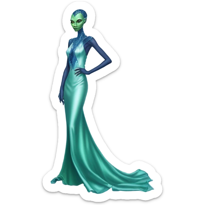 reptilian green alien woman, in long slim pastel blue formal party satin dress with gradient shiny sparkling navy blue diamonds embroidered, full body full figure sticker