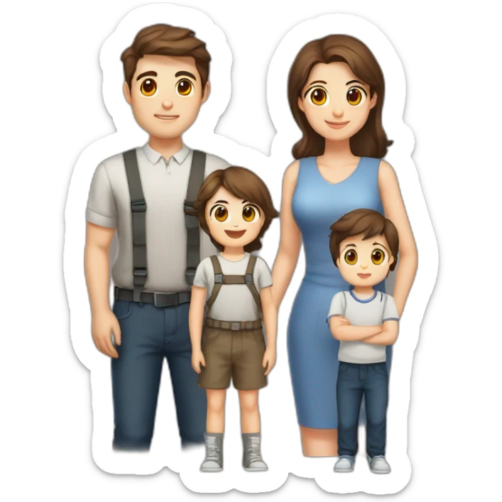 Family photo with father 28 years old 110kg space engineer with brown hair, mother school teacher 27 years old 100kg brown eyes and brown hair, baby boy 15 months brown hair sticker