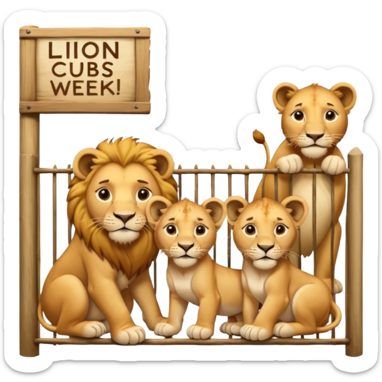 Un letrero del zoológico que dice “LION CUBS — BORN LAST WEEK” y delante una leona con sus cachorros recién nacidos, con la gente mirando emocionada desde la reja.






 sticker