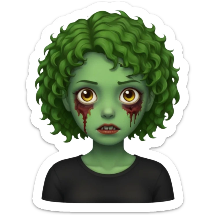 Zombie girl emoji verde com cabelo curto cacheado castanho no ombro com uma blusa preta sticker