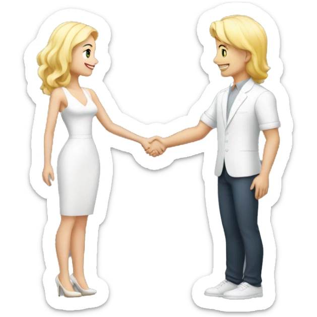 adult restaurant owner with white skin and blogger with white skin and blonde hair shaking hands in full height sticker