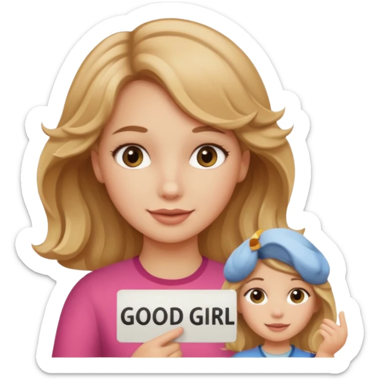 Can you make her more browny blonde with a slight curl in her hair with rosy cheeks holding a sign saying good girl  sticker