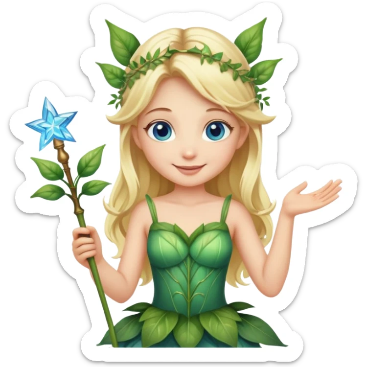 blonde fairy with blue eyes in plant dress with magic wand smiling  sticker