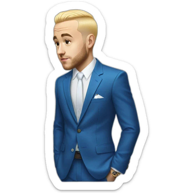 realism mac miller with a blonde comb over skin fade wearing a blue suit  sticker
