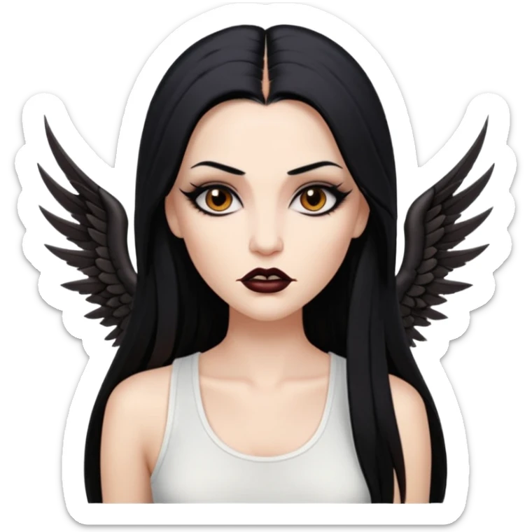 White woman with a white tank top long black hair glossy middle part straight long hair vamp look with fangs brown eyes eyeliner winged with lashes top and bottom white border big lips black eyebrows sticker