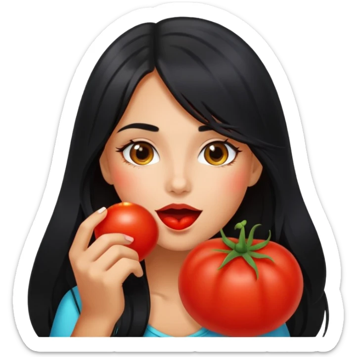Pretty tanned girl with long black hair, eating tomatoes sticker