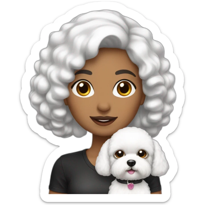 mujer piel blanca cabello negro con peinado chongo y perro bichon maltés blanco sticker