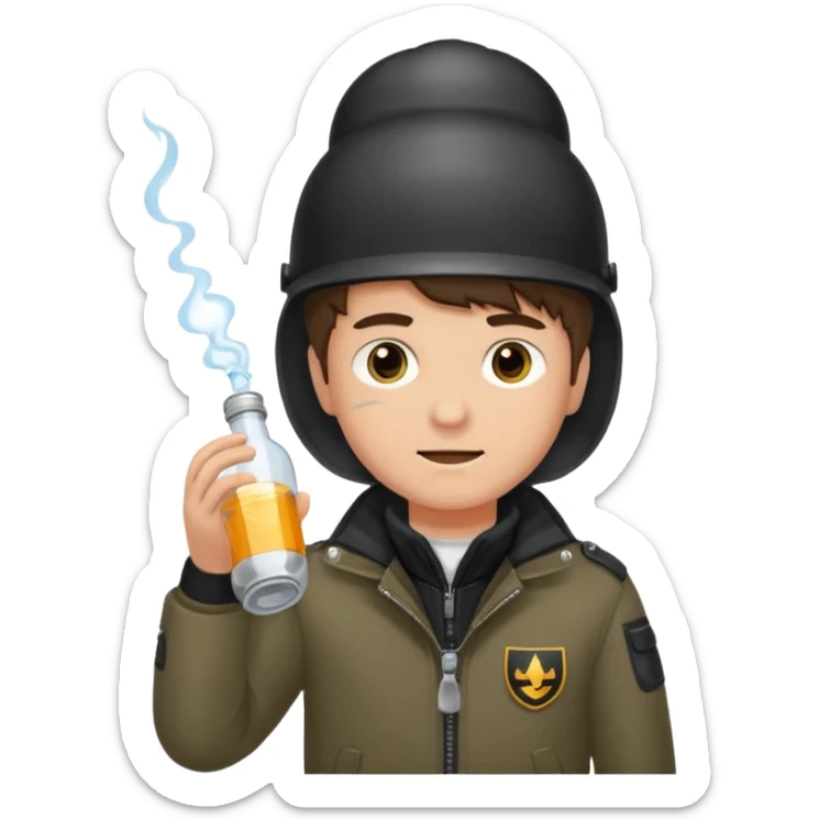 erstell ein bild Von eine jungen der braune augen hat eine sturmhaube trägt und eine Jacky flasche in der Hand hebt plus eine Jacke mit schwarzen fell sticker