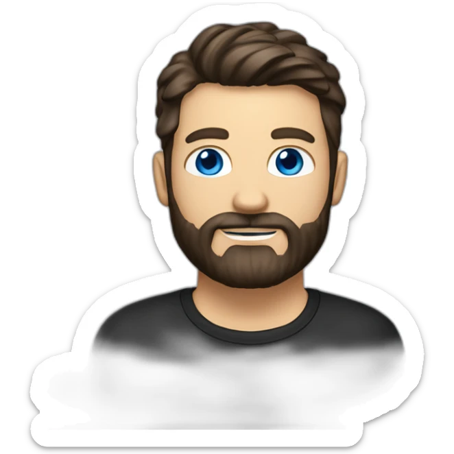 White man with a sun kissed tan and blue eyes. His hair is dark brown, styled sideways backwards. He has a beard and mustache trimmed. Wears s black t-shirt. sticker