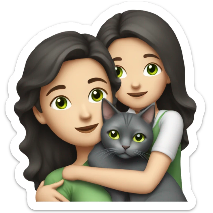  white woman with dark hair cuddling grey cat with green eyes  sticker
