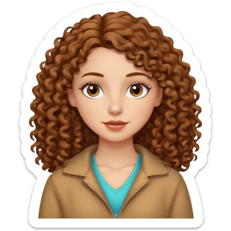 White girl with brown long 3A curly hair, brown almond shape eyes, refined wide nose, natural lips. Cute clothnig sticker
