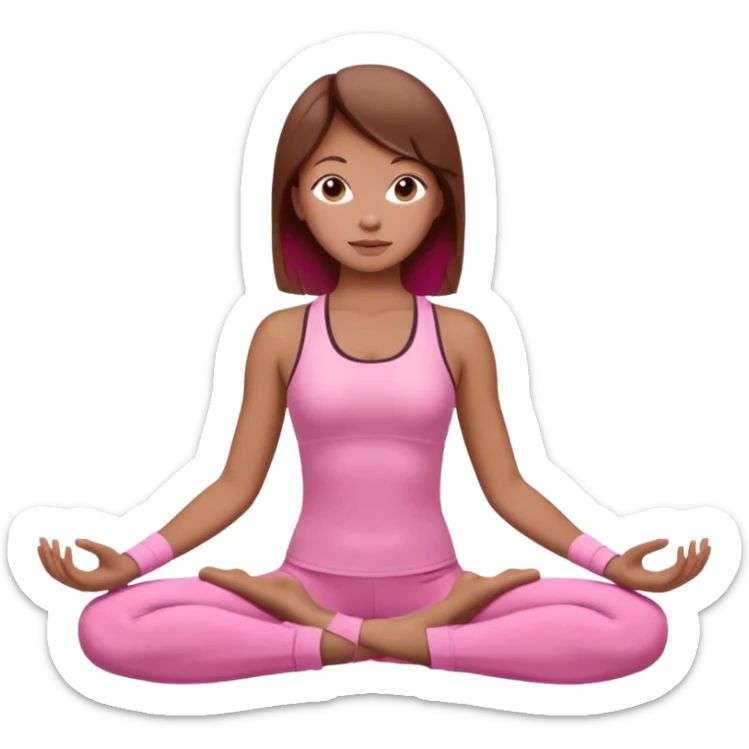 Generate a girl in a yoga pose. She is wearing a pink suit and has brown hair. sticker