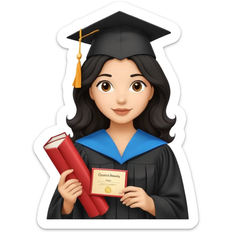 beautiful latina woman with wavy black hair wearing graduation cap and gown, holding diploma sticker