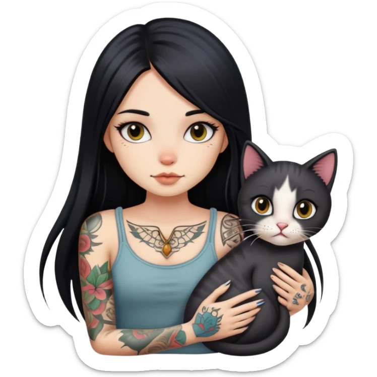 girl with long black  straight hair and tattoos and  a cute cat sticker
