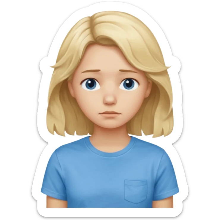 Sad blond girl with light weavy hair with a blue shirt but we can see only her face and neck and the top of the t shirt, no whole body sticker