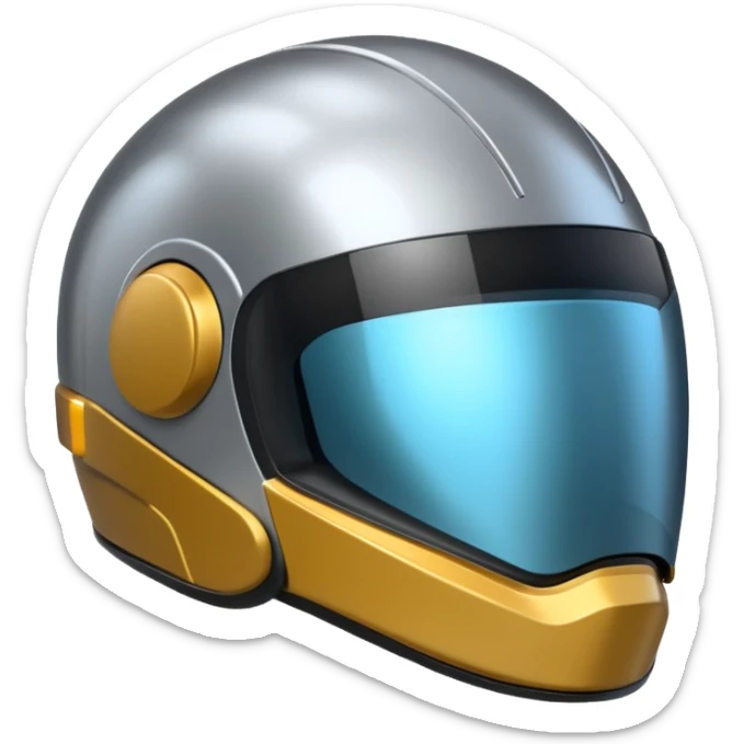 A futuristic helmet emoji made of silver chrome, smooth aerodynamic shape, minimal visor detail, reflective metallic surface, sci-fi aesthetic, iOS emoji style, centered on clean white background sticker