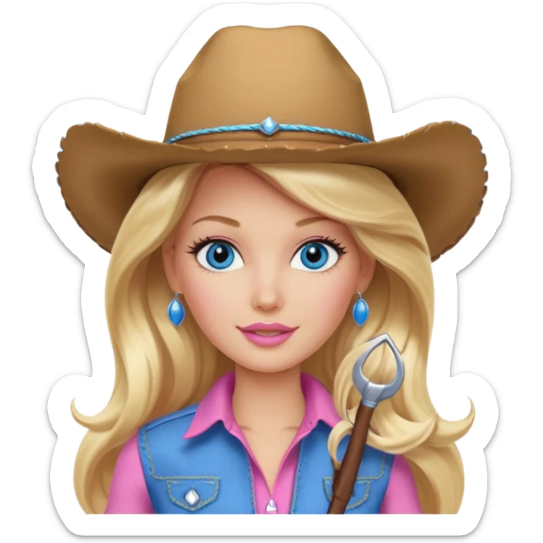 Cowgirl barbie in a pink outfit with cowboy hat with long blonde hair and blue eyes sticker