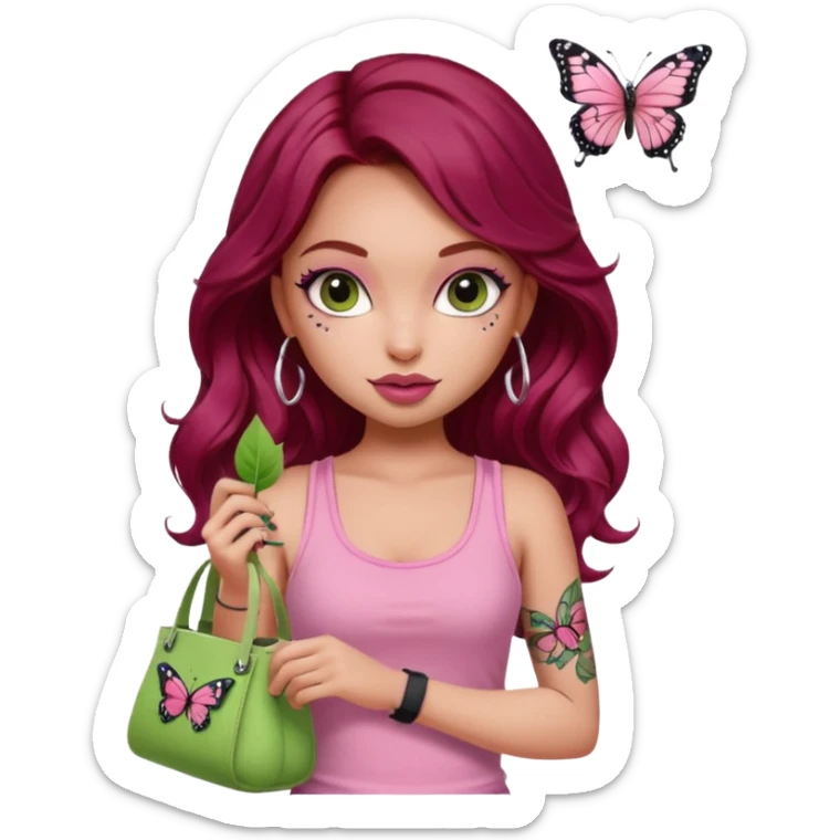a pretty fair bratz girl with wavy dark red hair, wearing a pink tank top , carrying a matcha and a pink bag. eyeliner on. butterfly tattoo on arm sticker