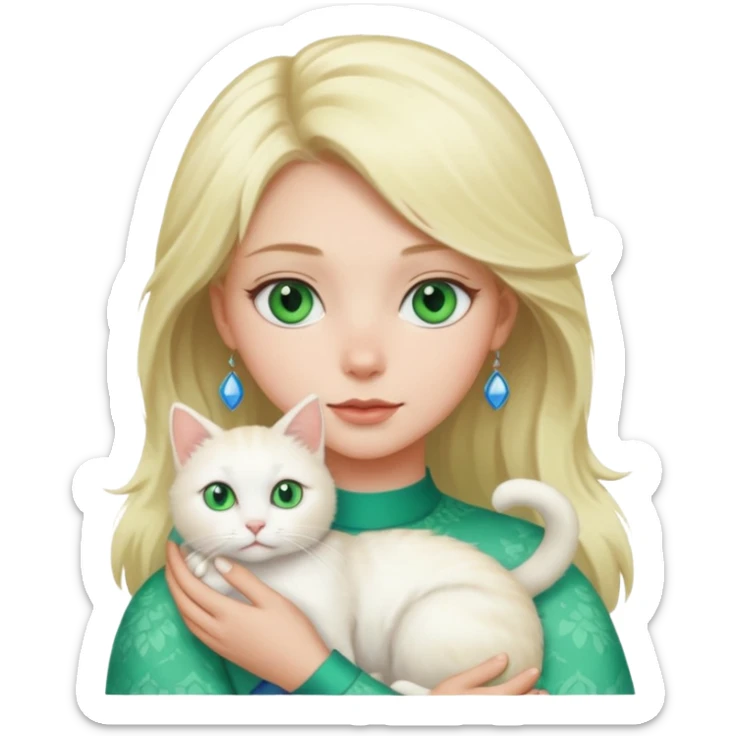 Blonde girl with green eyes holding a white cat with blue and green eyes sticker