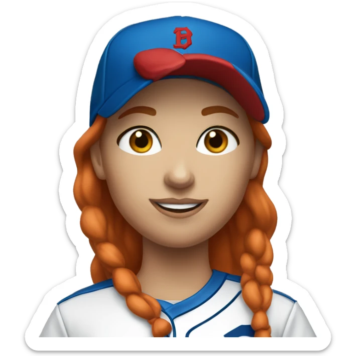 standing up white female coach with long red hair in blue  t-shirt and with a simple blue baseball hat sticker
