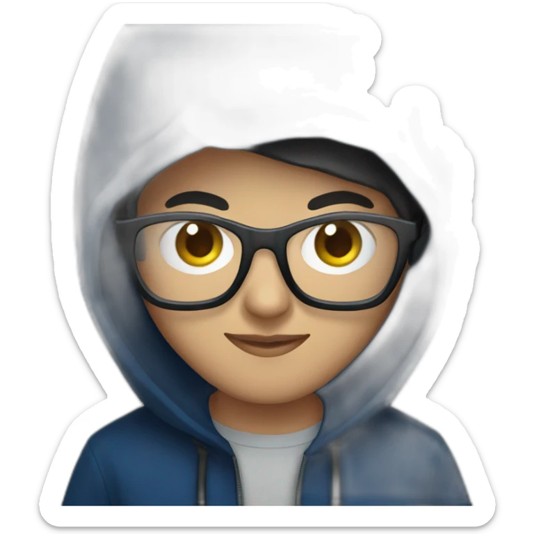 young Adult with glasses with a dark blue hood behind his computer and focus on his code  sticker