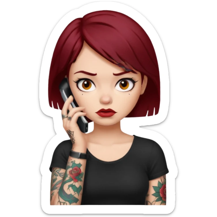 generate a girl with dark red hair, tattoos, short black hair calling on the mobile phone. Looking mad sticker