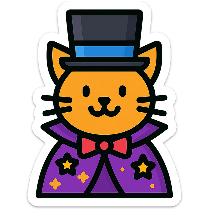 A magician cat in a top hat, a bowtie and a purple cape with stars sticker
