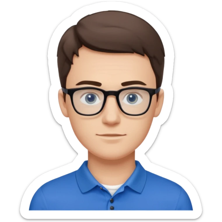 Scott The Woz Young white man, late 20s, short brown hair, blue eyes, clean-shaven, thin black rectangular glasses, slim build, wearing a blue polo shirt, friendly and energetic look. sticker
