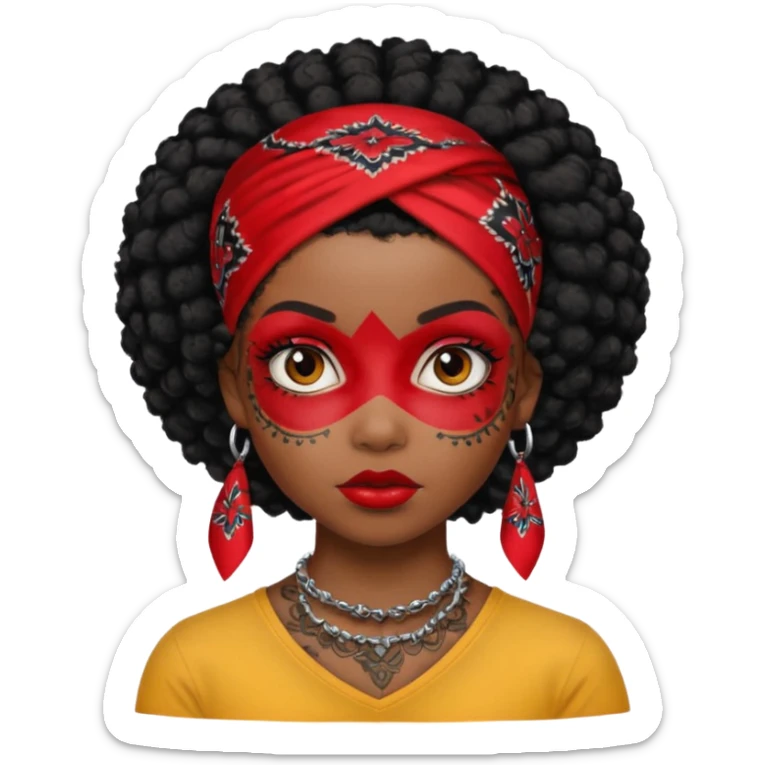 black afro hair with red head bandana and lots of face tattoo black skin girl sticker