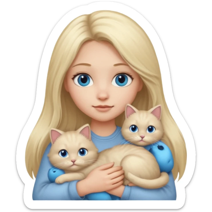 blonde girl with long blonde hair and blue eyes with chubby gray cat sticker