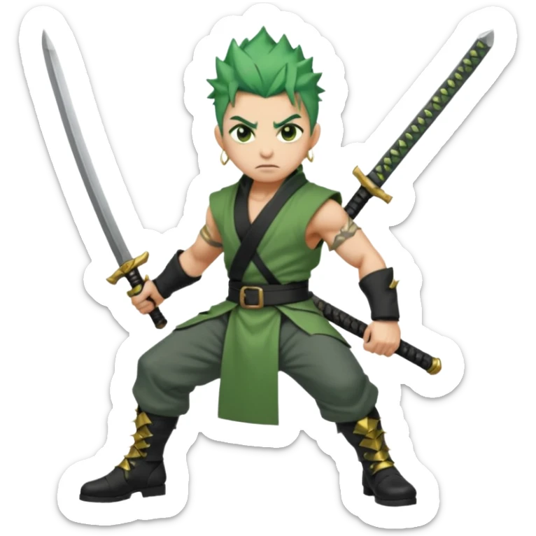 Muscular scarred warrior, short spiky moss-green hair, sharp steel-grey eyes, strong jaw, serious stare. Black trousers, boots, green sash with three katanas, open white coat, three gold earrings. Cinematic, ultra-realistic. sticker