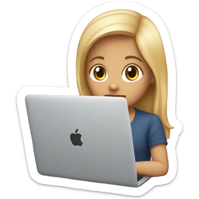 ￼ A beautiful cute girl with blond hair and brown eyes looks at a MacBook laptop sticker